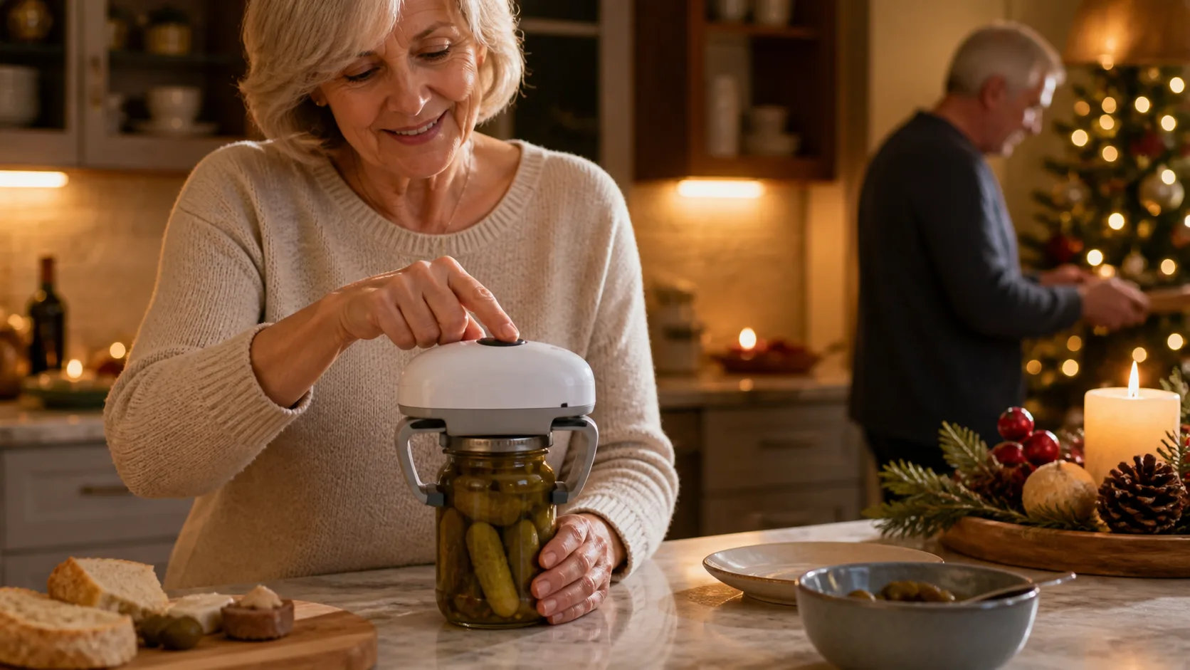 Representative electric jar opener gripping a jar lid on a kitchen counter