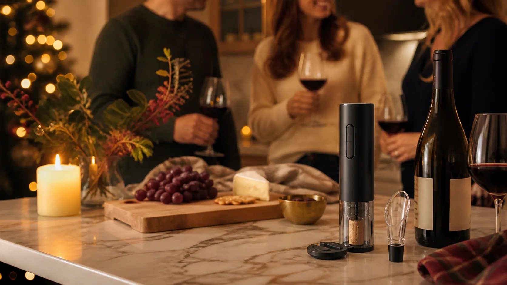 Representative electric wine opener resting beside a bottle on a kitchen counter