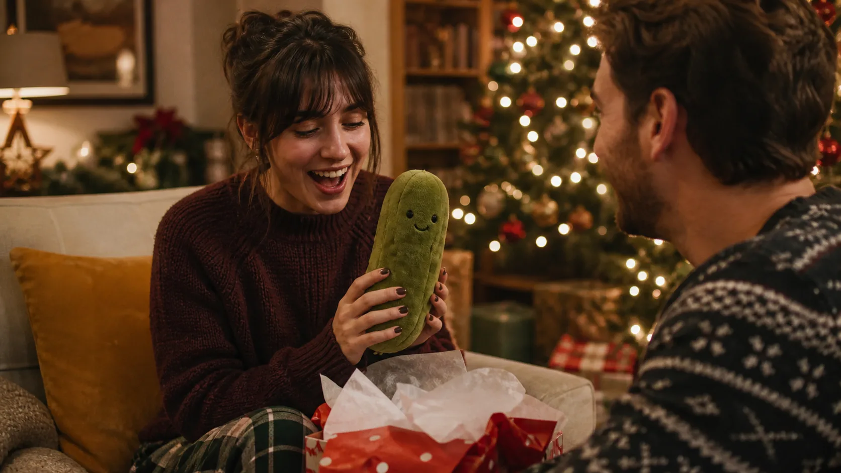 Representative smiling green pickle plush toy propped on a bookshelf