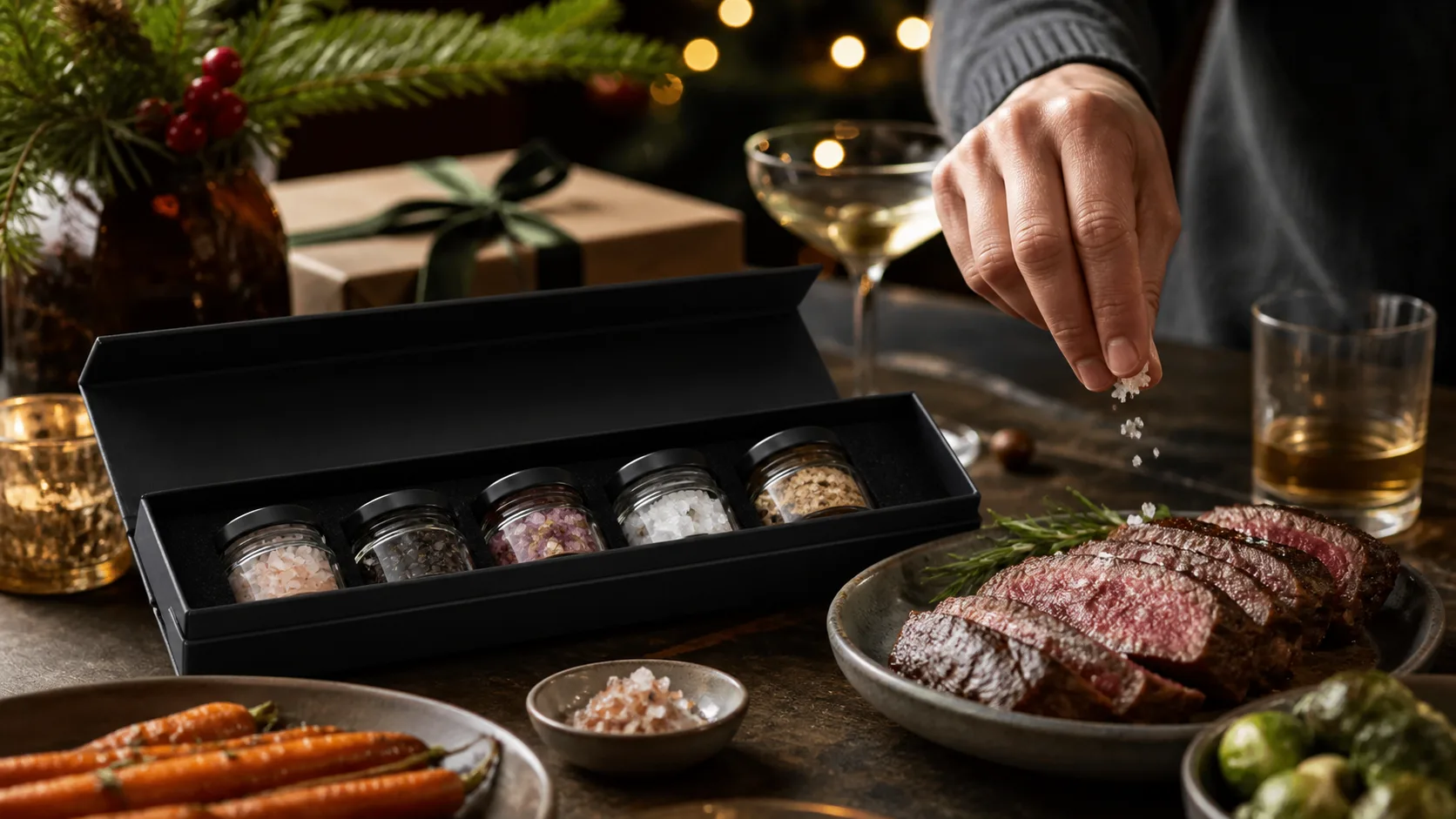 Representative finishing salt sampler with small jars of flaky and smoked salts