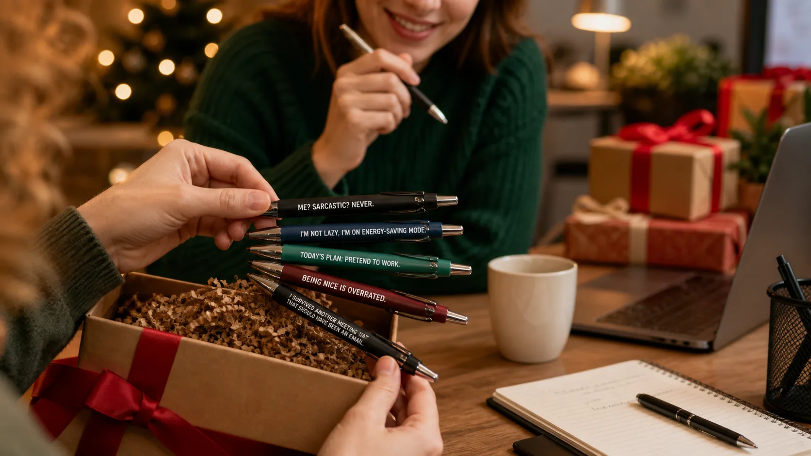 Representative set of pens printed with humorous phrases fanned out on a desk