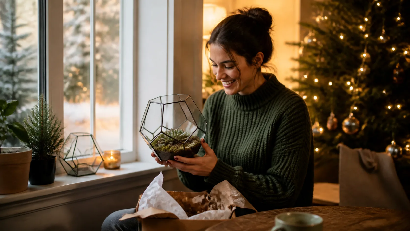 Representative geometric glass terrarium with small succulents on a windowsill