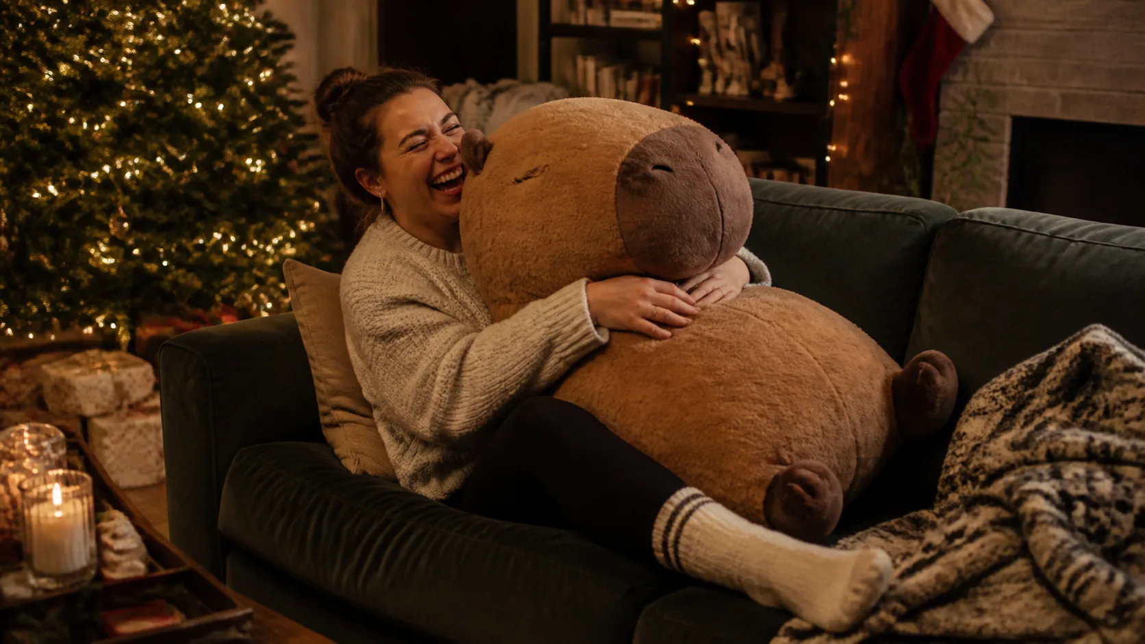 Representative oversized capybara plush lounging on a living room couch