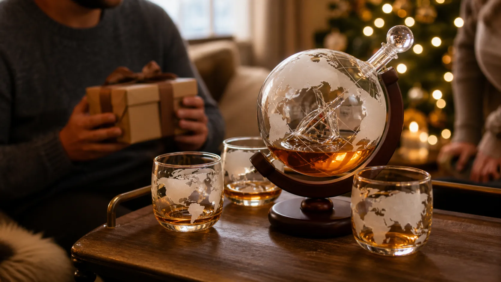 Representative etched glass globe decanter with glasses on a wooden tray