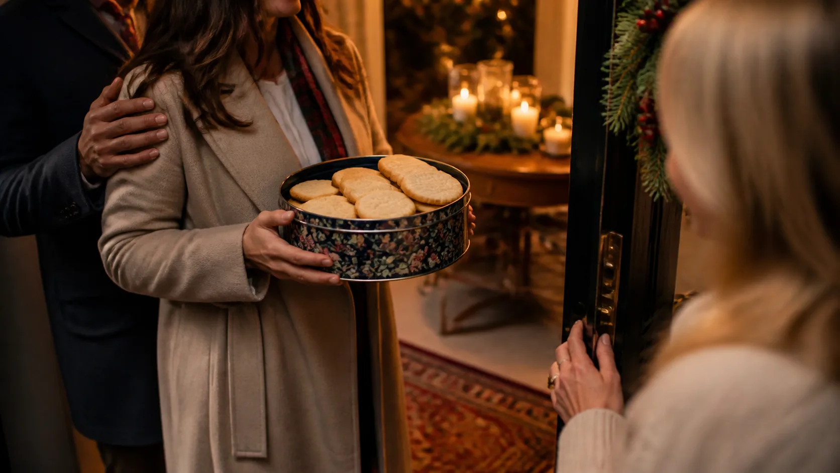 Representative decorative holiday tin filled with rounds of shortbread