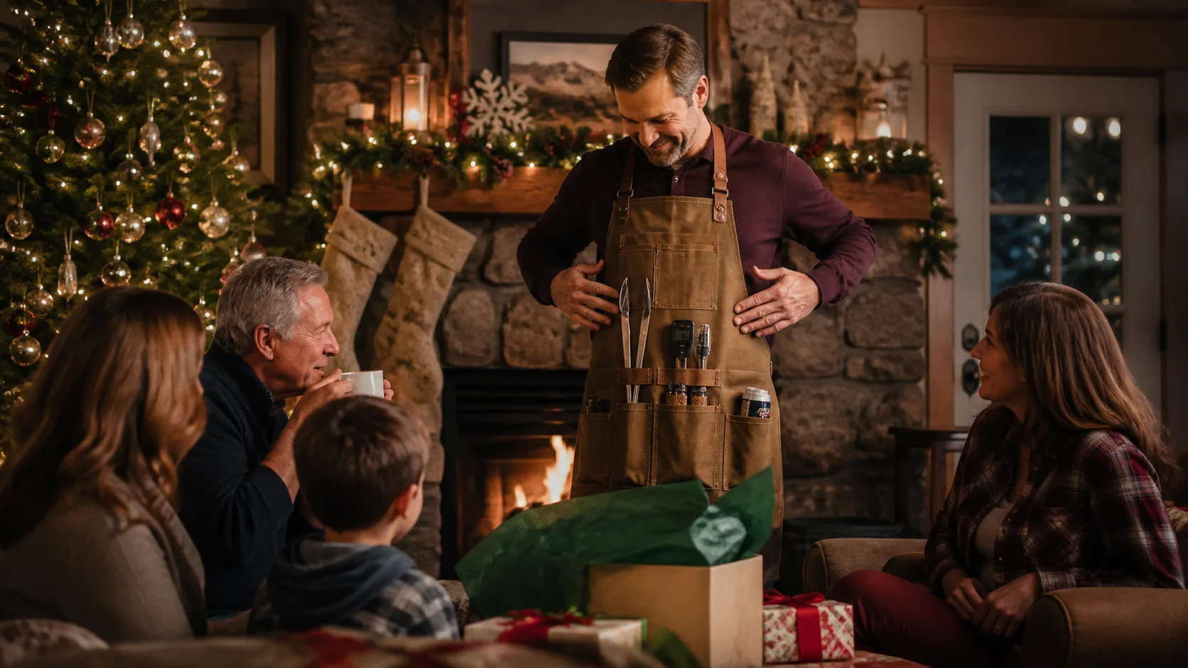 Representative canvas grilling apron with loaded tool pockets on a hook