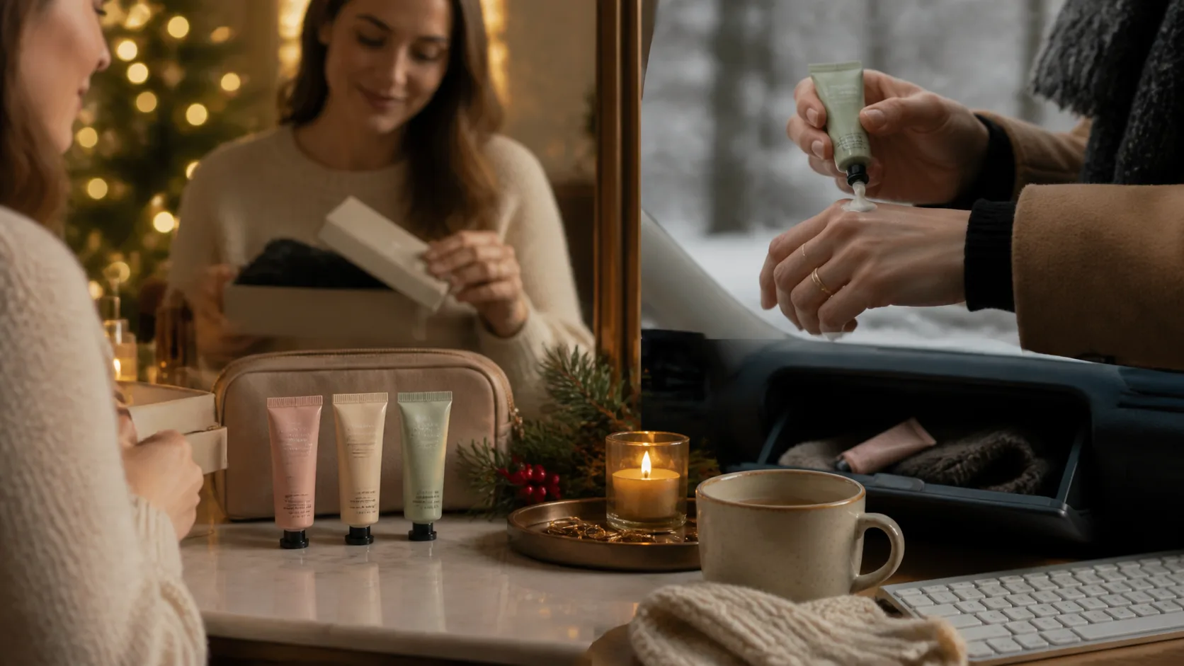 Representative trio of small hand cream tubes arranged on a vanity
