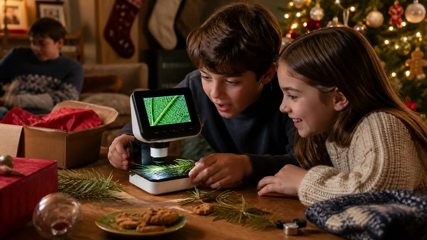 Representative handheld digital microscope showing a magnified leaf on its screen