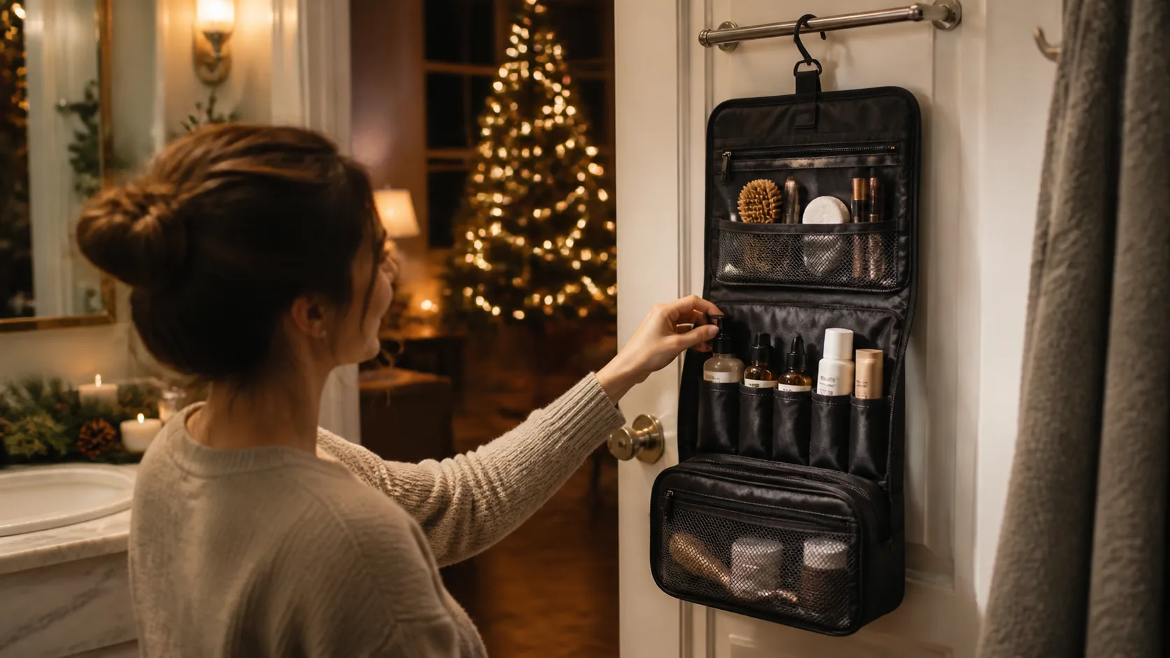 Representative hanging toiletry bag unfolded on a bathroom hook with pockets visible