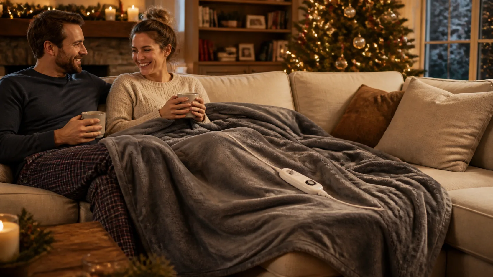 Representative plush heated throw blanket with a corded controller on a couch