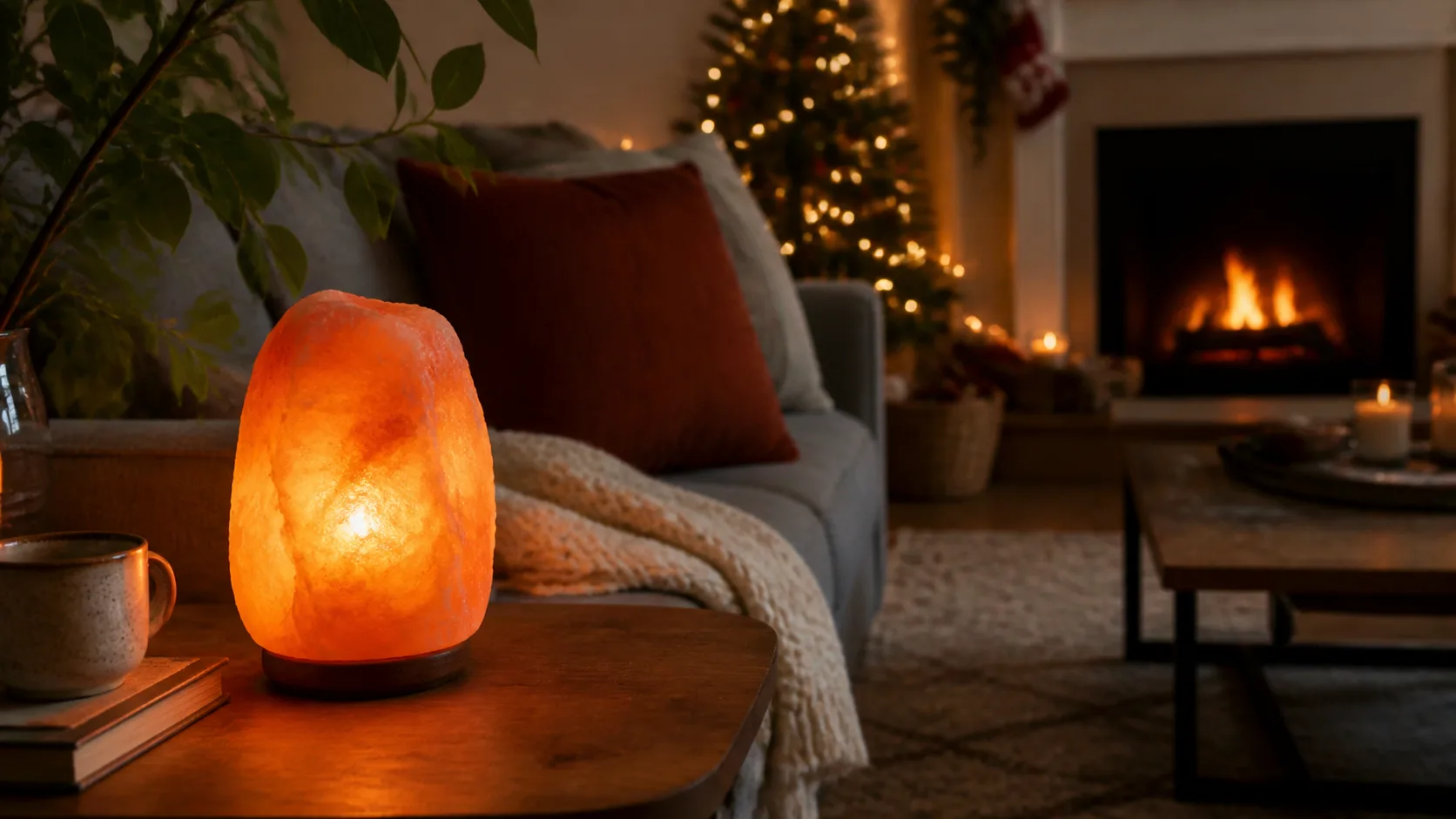 Representative pink salt lamp glowing amber on a wooden side table