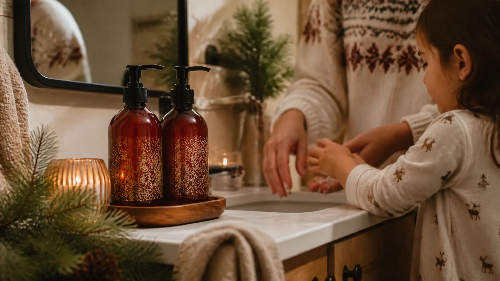 Representative two festive pump bottles of hand soap with winter greenery