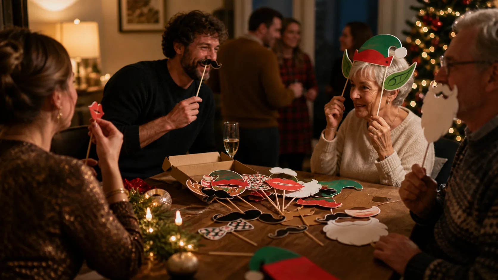 Representative holiday photo booth props on sticks fanned out on a table