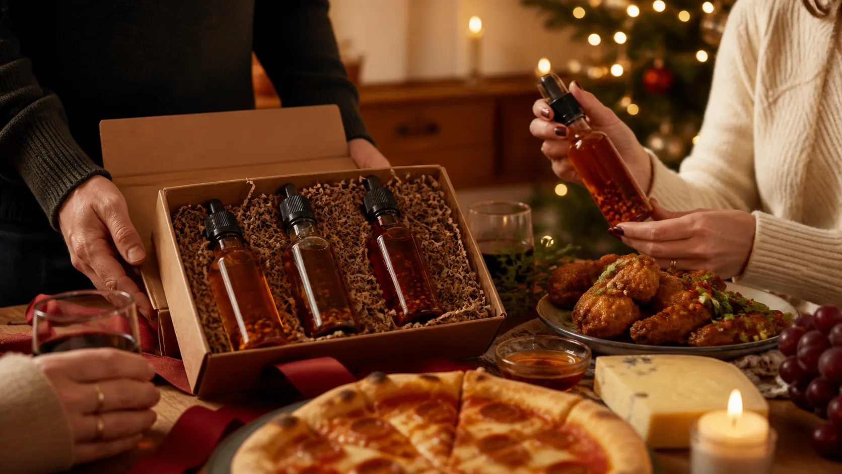 Representative hot honey gift set with amber bottles and chili flakes suspended in honey
