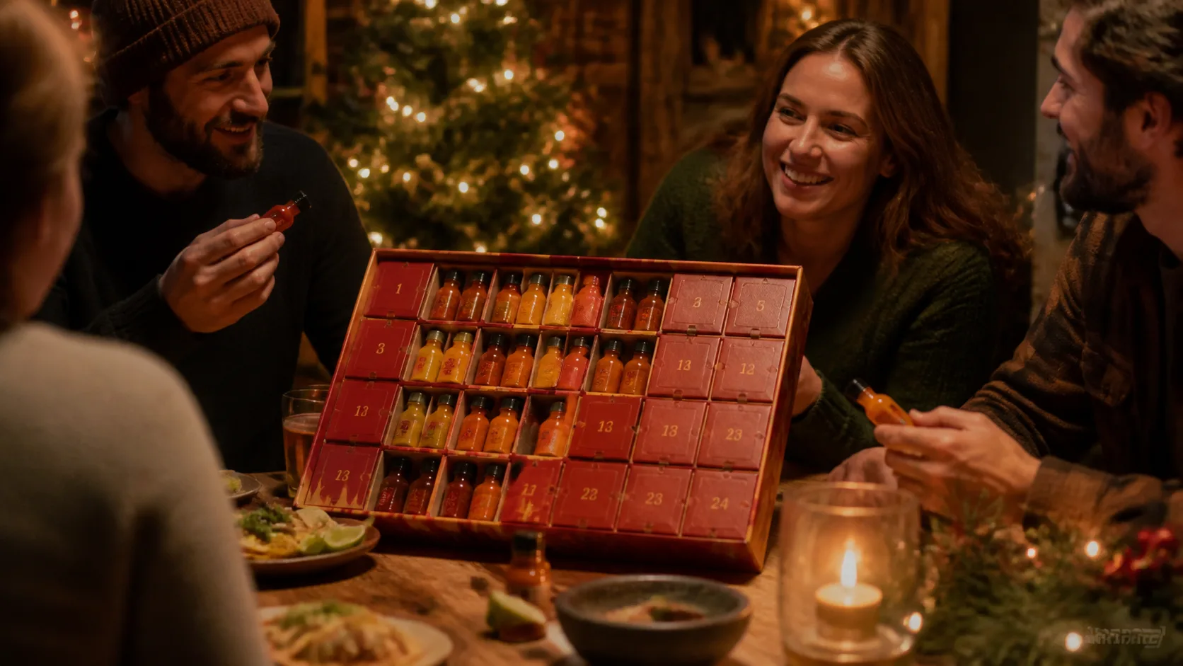 Representative holiday box holding rows of tiny hot sauce bottles in red and orange