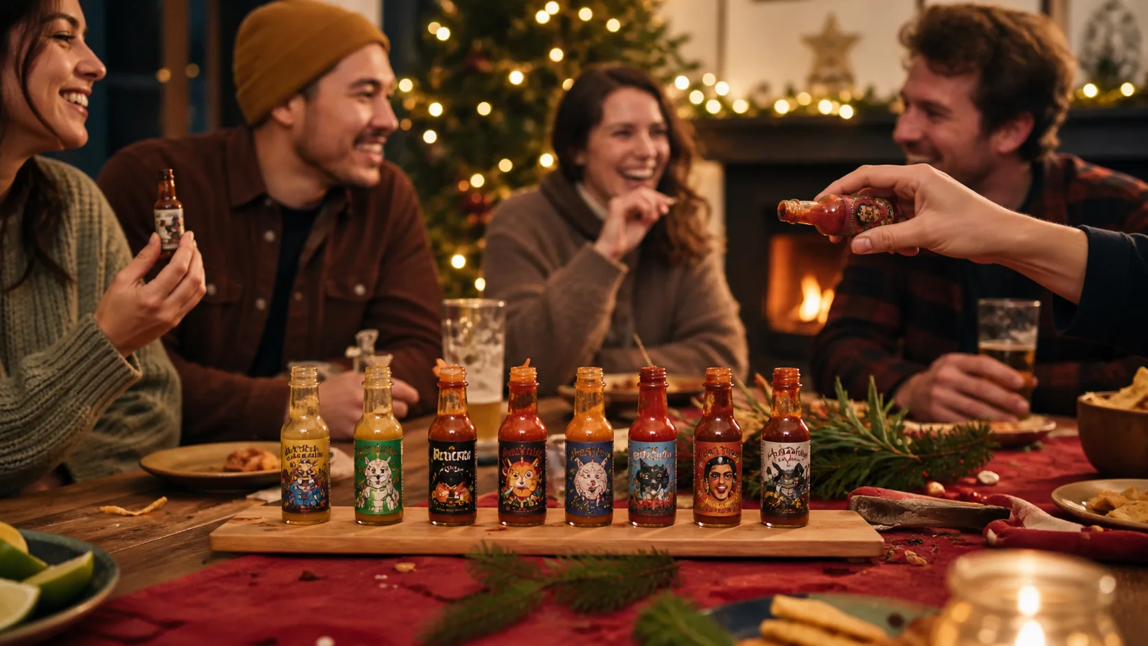 Representative lineup of mini hot sauce bottles with colourful labels
