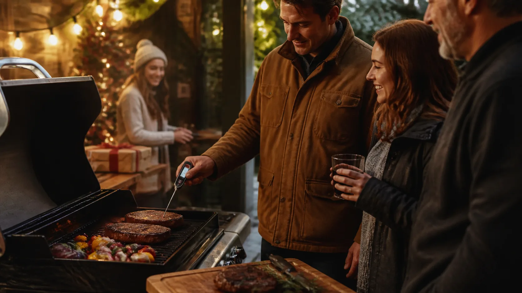Representative digital instant-read thermometer with a fold-out probe beside a grill