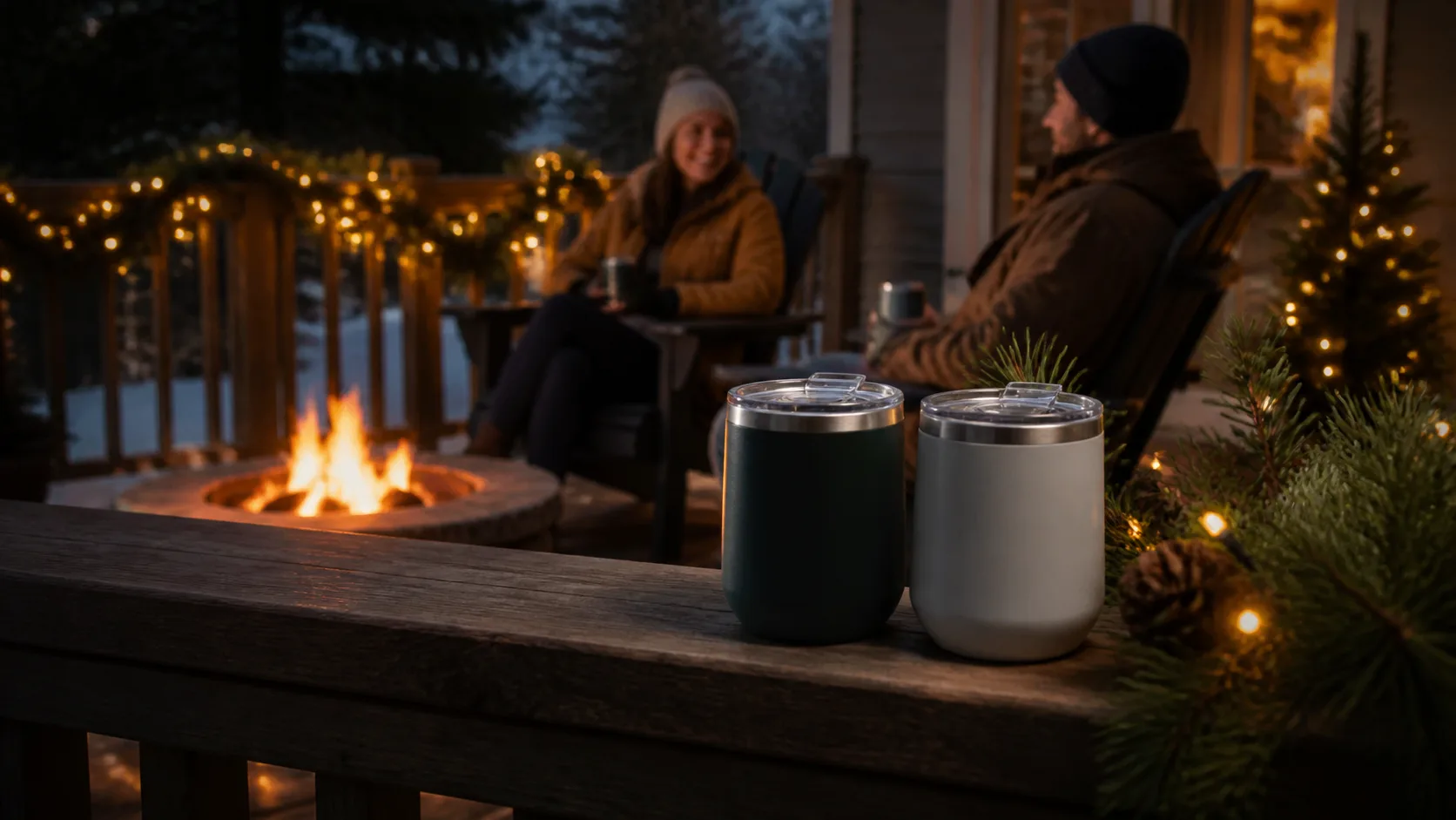 Representative pair of insulated stemless tumblers with lids on a wooden deck rail