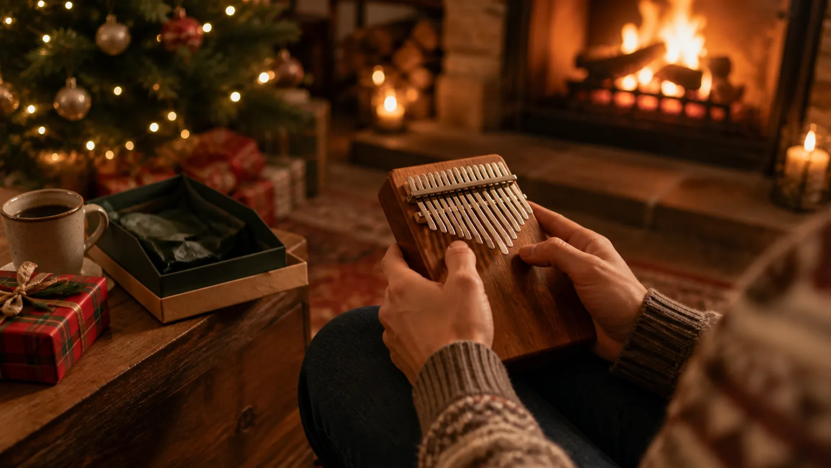 Representative wooden kalimba thumb piano with metal tines held in two hands