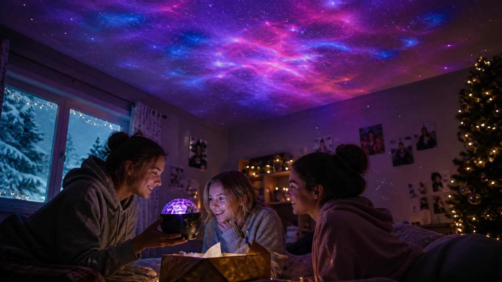 Representative bedroom ceiling washed in projected stars and nebula colours
