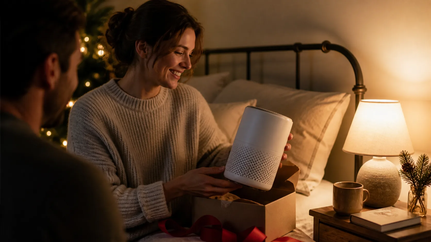 Representative compact cylindrical air purifier on a bedroom nightstand