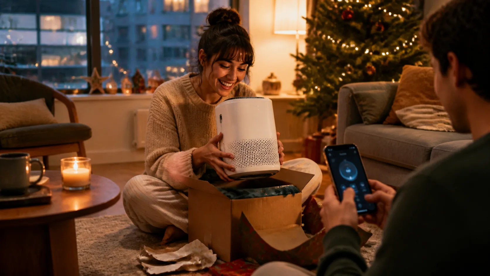 Representative small smart air purifier beside a phone showing a control app