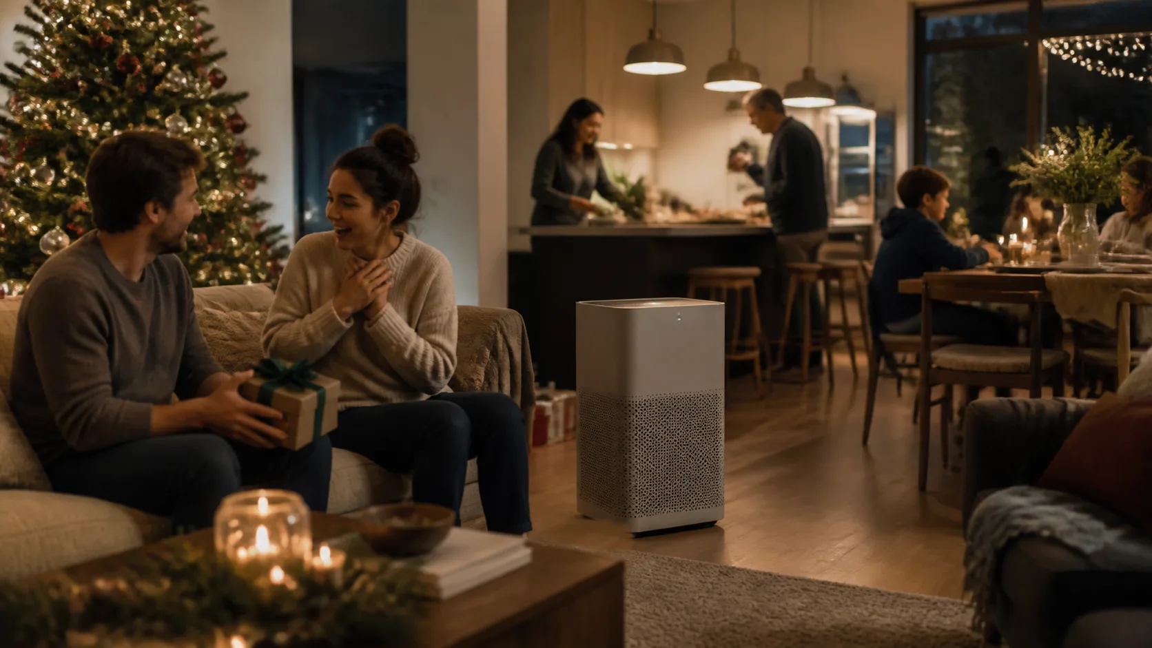 Representative large smart air purifier placed in an open-concept main floor