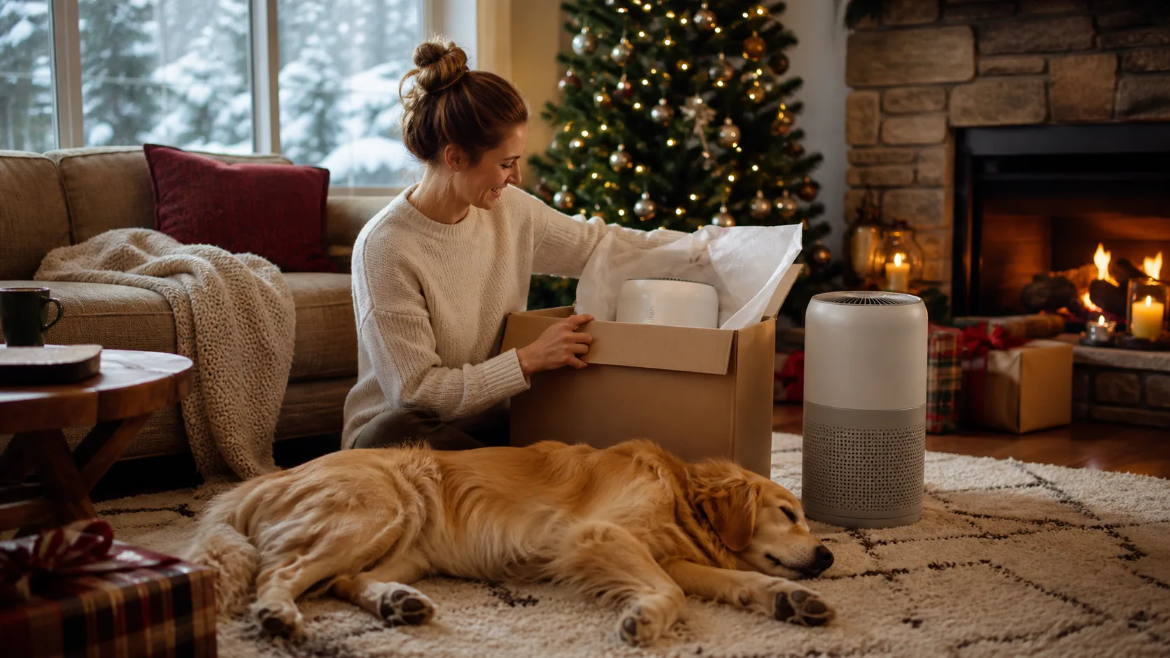 Representative air purifier standing near a sleeping dog on a living room rug