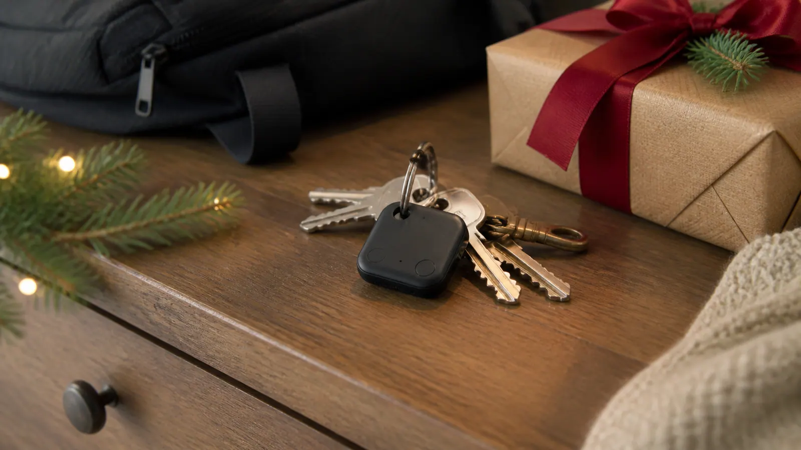 Representative black square Bluetooth tracker attached to keys beside a backpack and gift