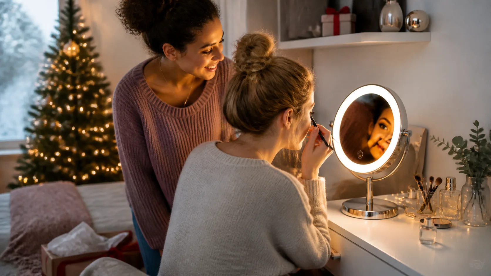 Representative round mirror ringed with soft white lights on a tidy vanity table