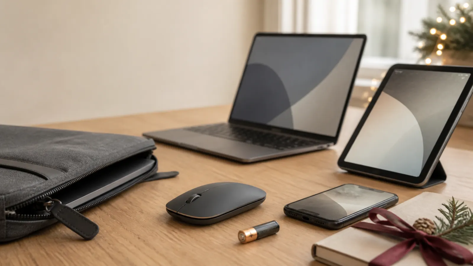 Representative slim graphite wireless mouse travelling between a laptop, tablet and compact work bag