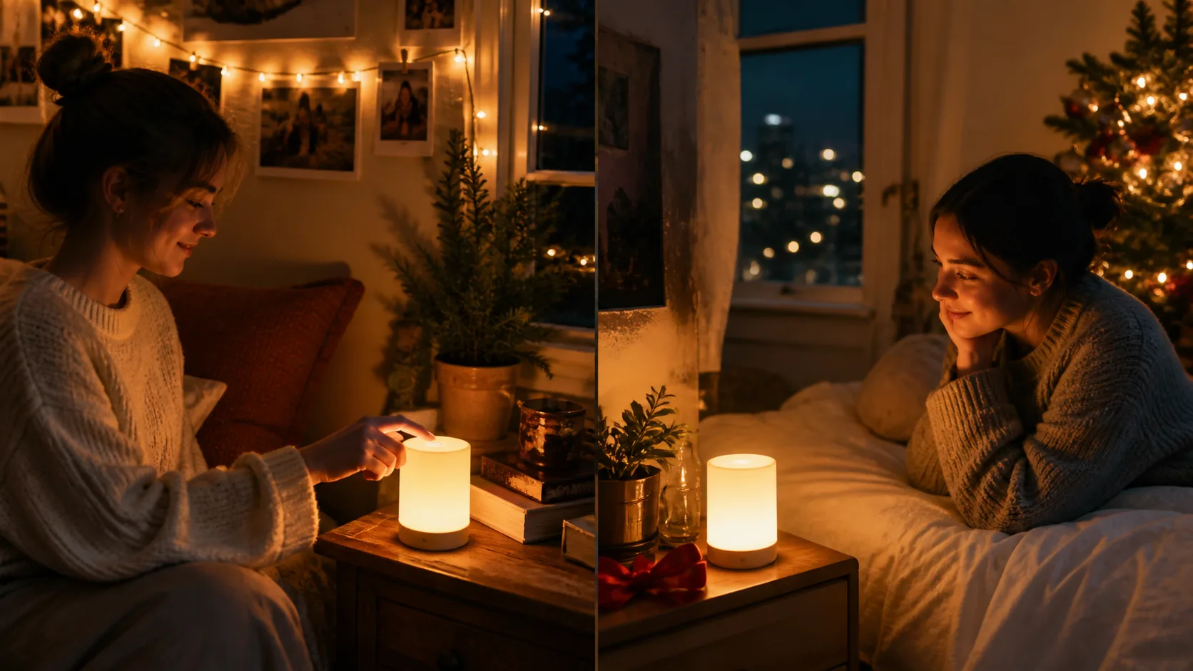 Representative pair of glowing touch lamps on two different bedside tables