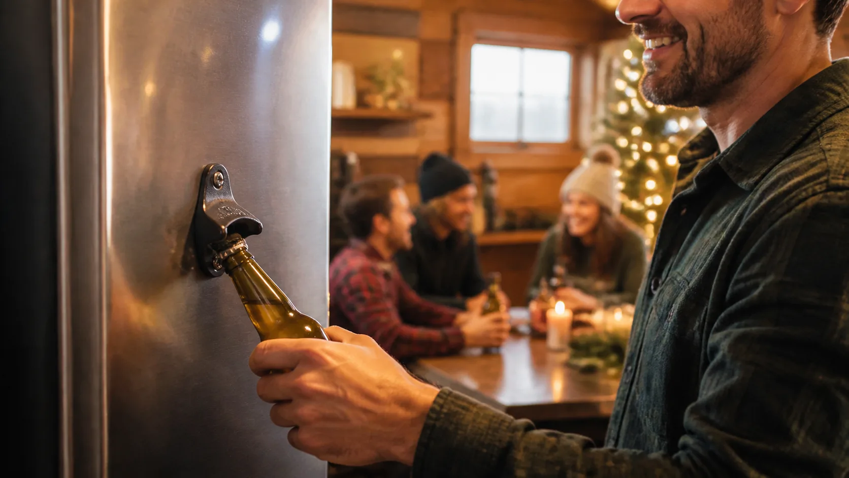 Representative metal bottle opener mounted magnetically on a fridge door