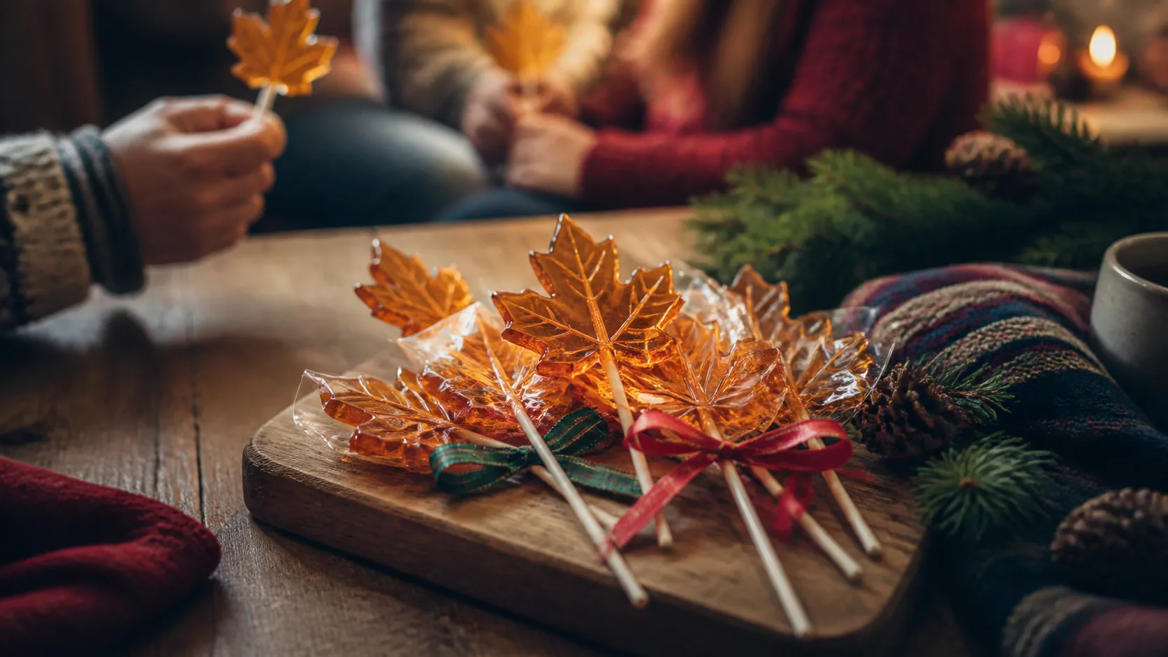 Representative amber maple-leaf-shaped lollipops tied with ribbon on a wooden board