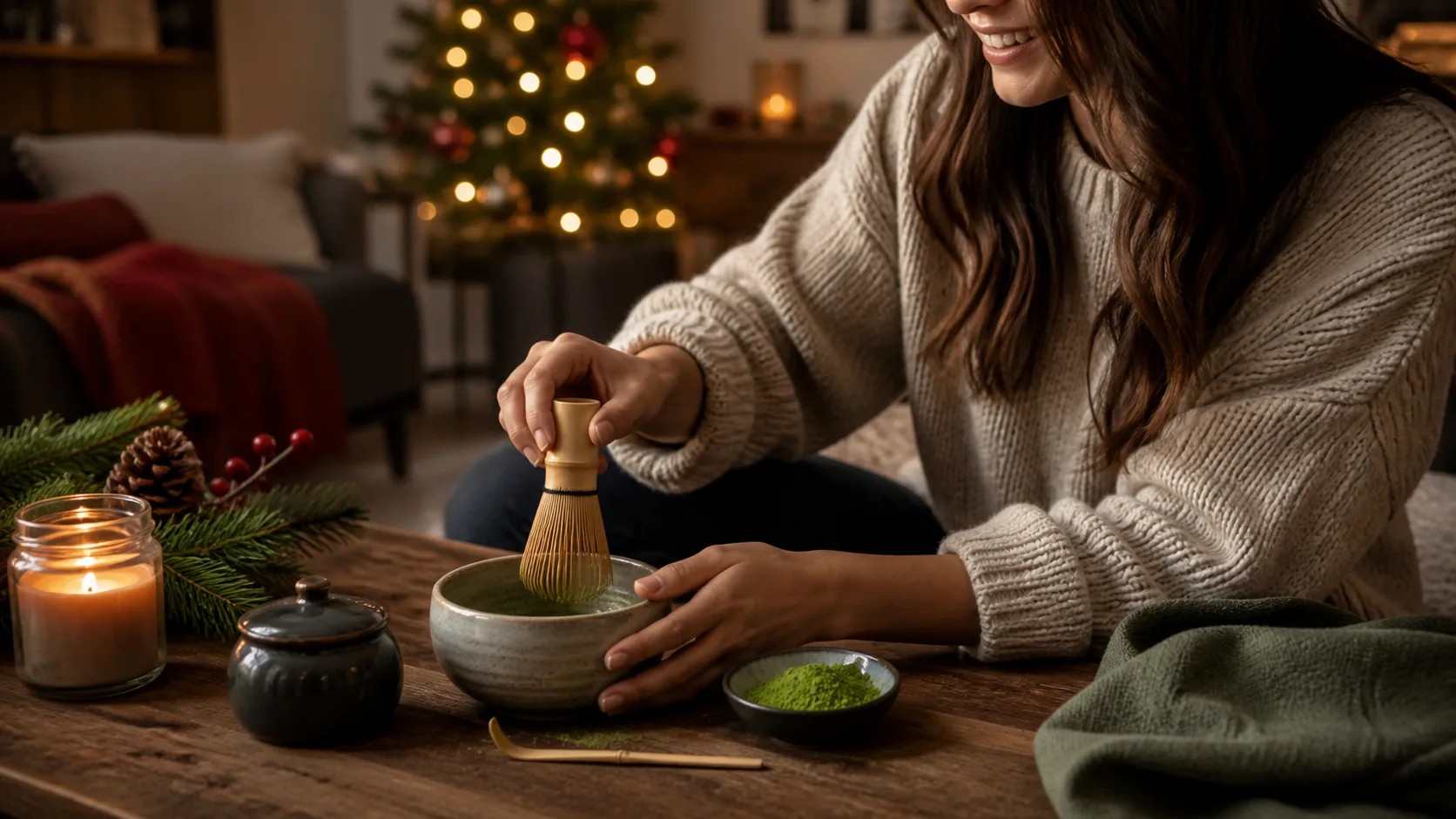Representative matcha starter kit with bamboo whisk, ceramic bowl, and green tea powder