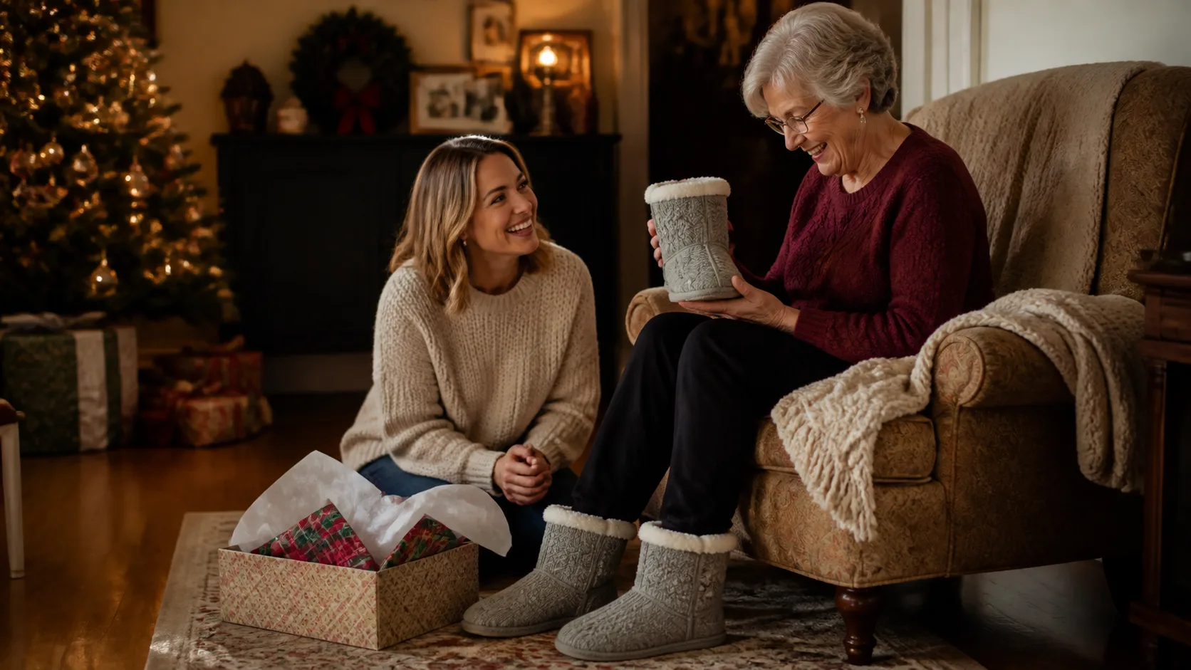 Representative pair of grey knit slipper boots with fleece cuffs beside an armchair