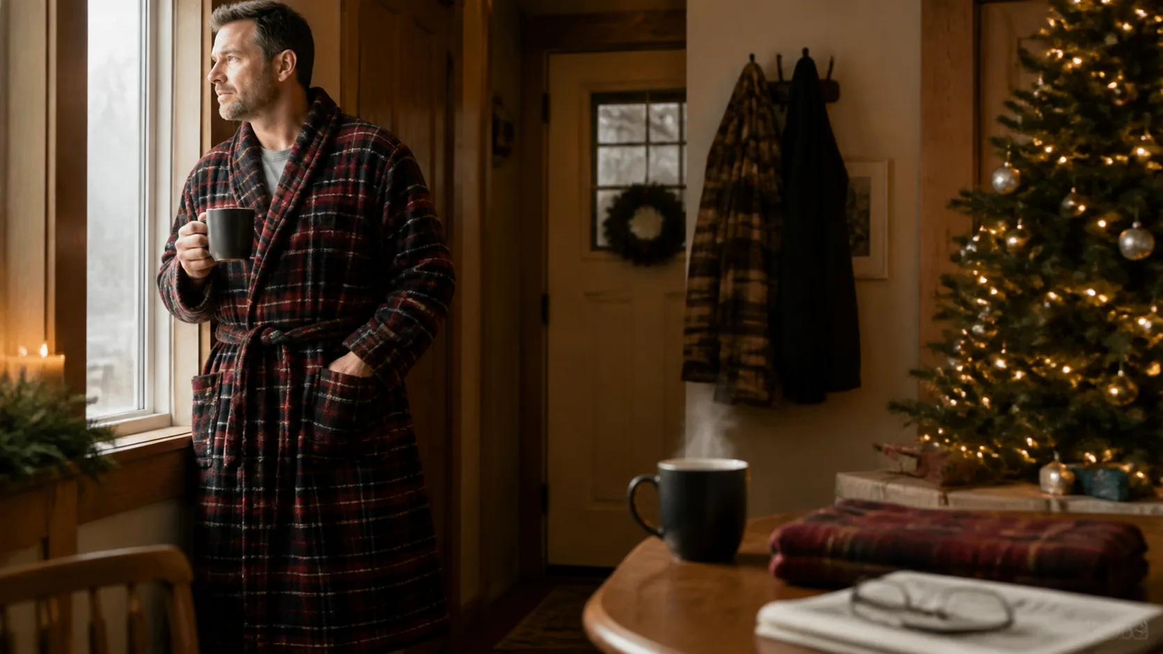 Representative plaid flannel robe hanging beside a steaming mug