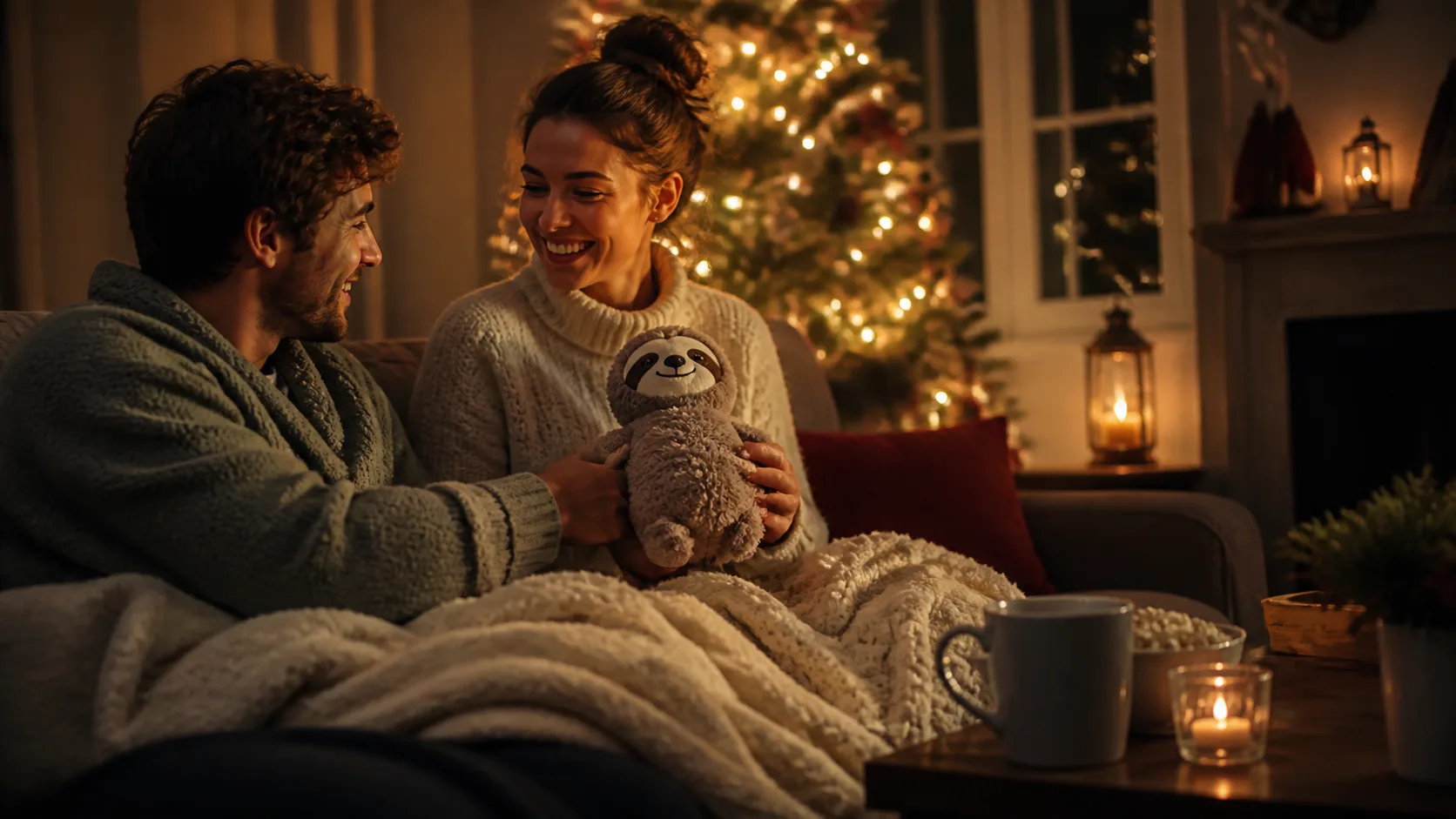 Representative soft plush animal resting on a knit blanket near a mug