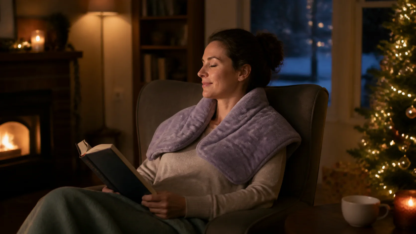 Representative weighted herbal heat wrap resting on a reading chair