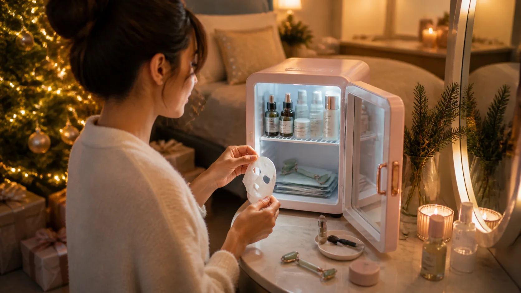 Representative small pastel mini fridge stocked with skincare bottles on a vanity