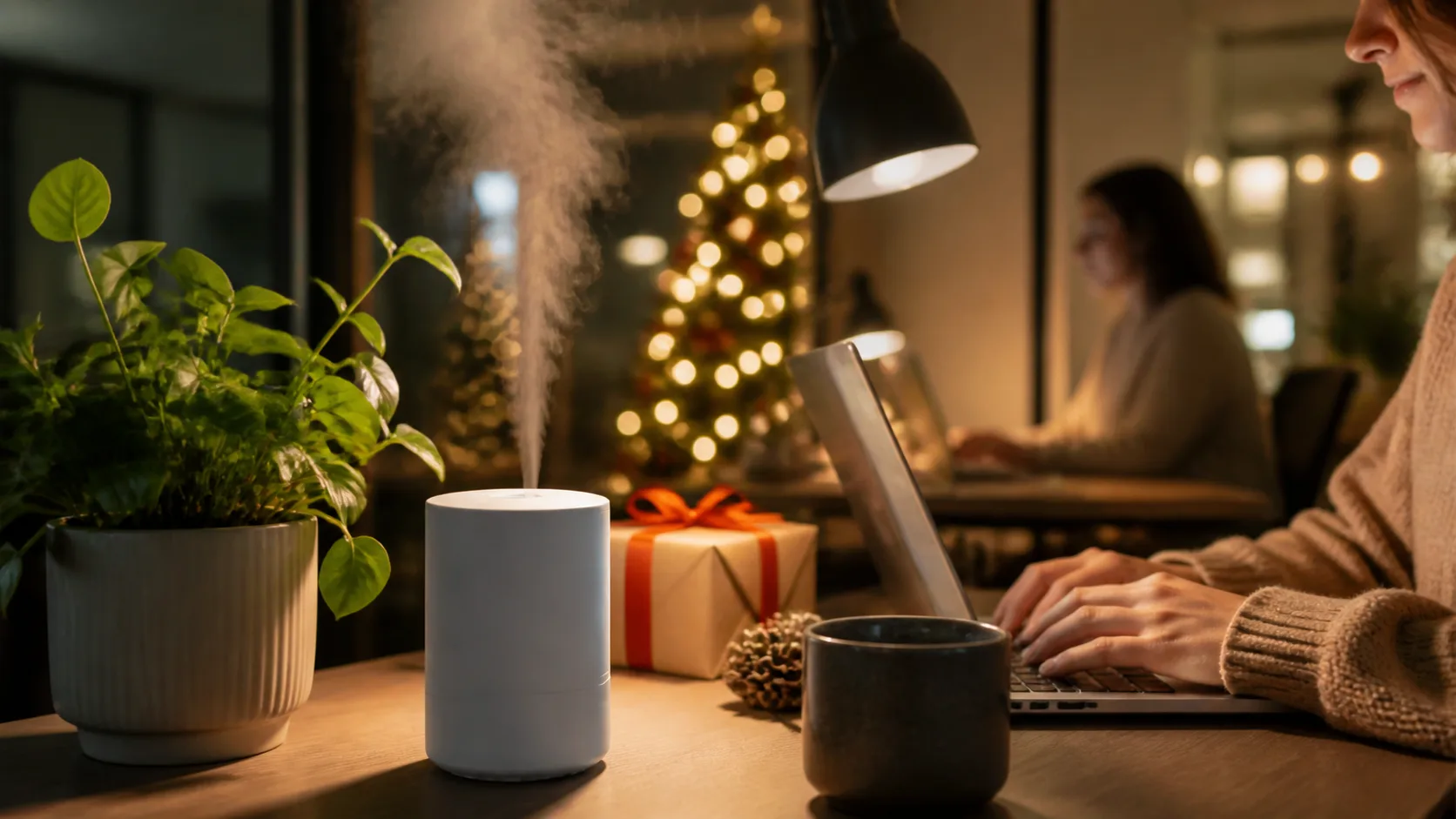 Representative small desk humidifier releasing fine mist beside a plant