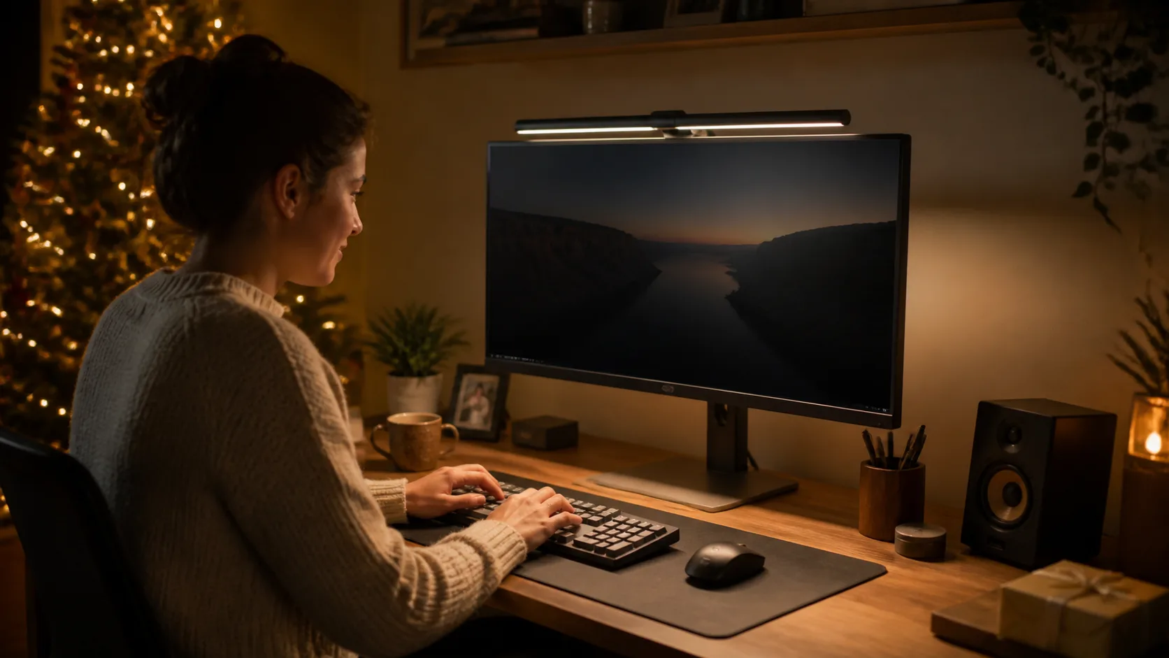 Representative slim light bar mounted atop a computer monitor over a tidy desk
