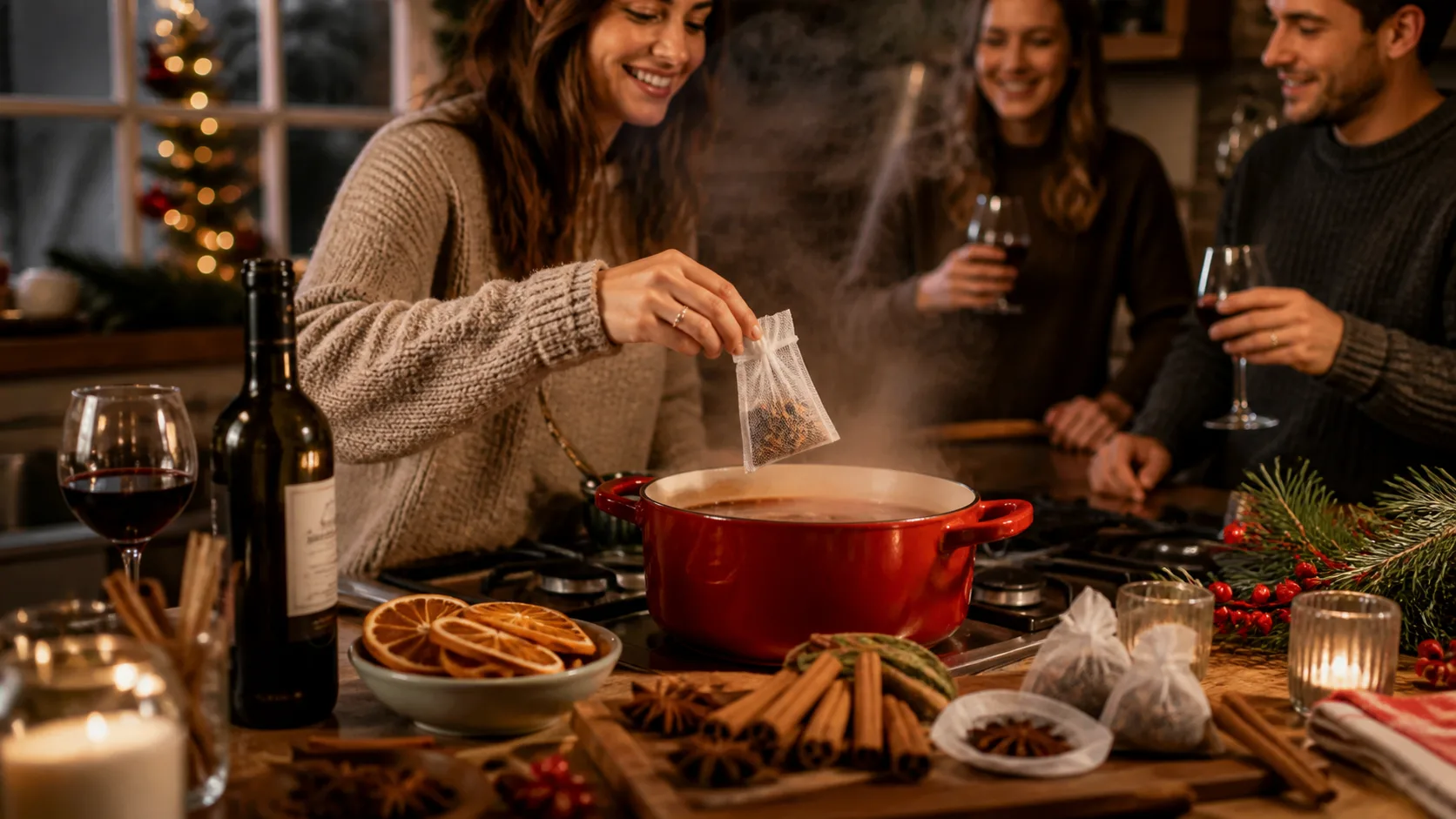 Representative sachets of mulling spices with cinnamon sticks and star anise