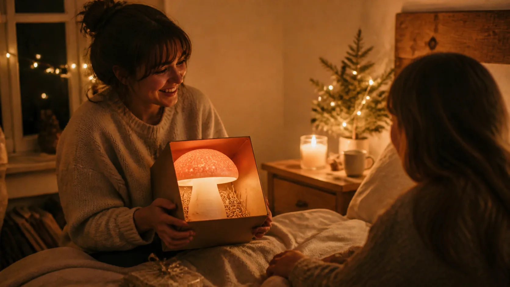 Representative mushroom-shaped table lamp glowing warmly on a bedside table