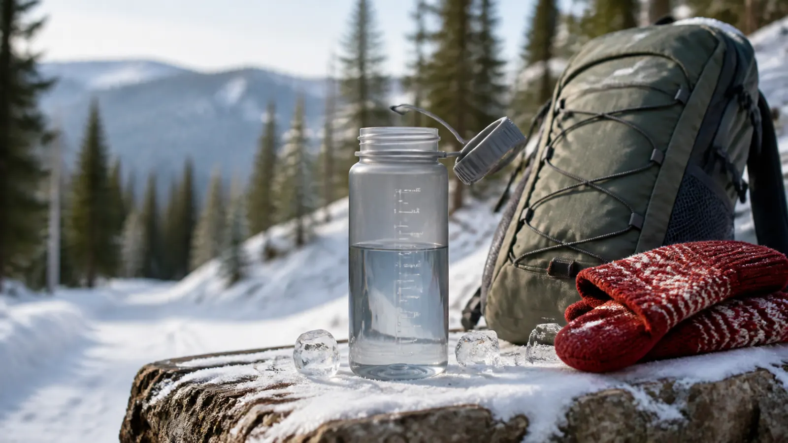 Representative translucent wide-mouth water bottle with tethered cap beside a snowy trail daypack