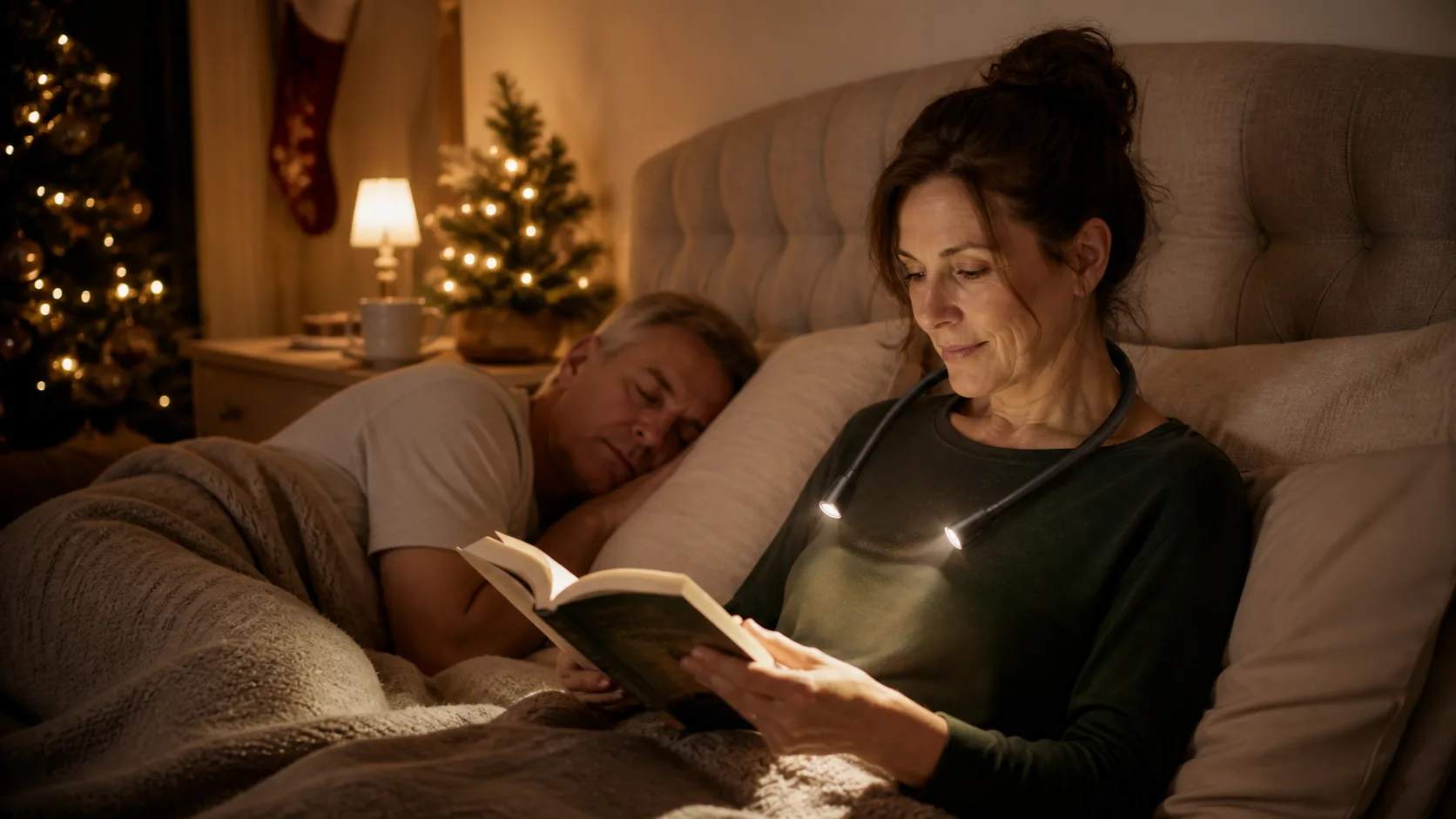 Representative flexible neck light curved around a reader's shoulders over a book