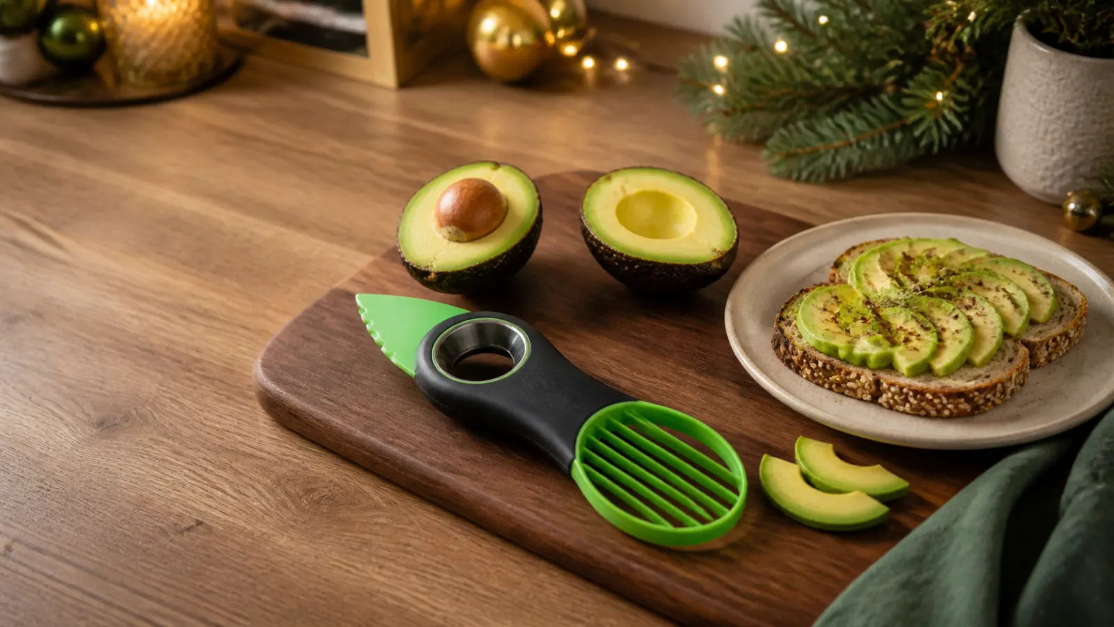 Representative green avocado tool beside halved avocado and neatly sliced avocado toast