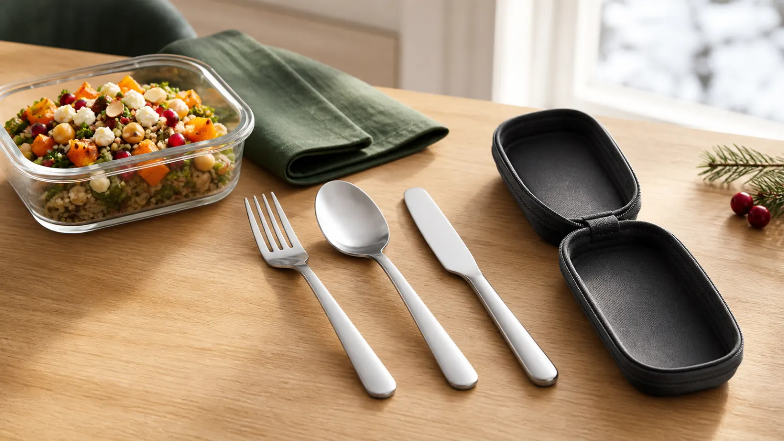 Representative stainless steel fork, spoon and table knife beside a compact travel case and packed lunch