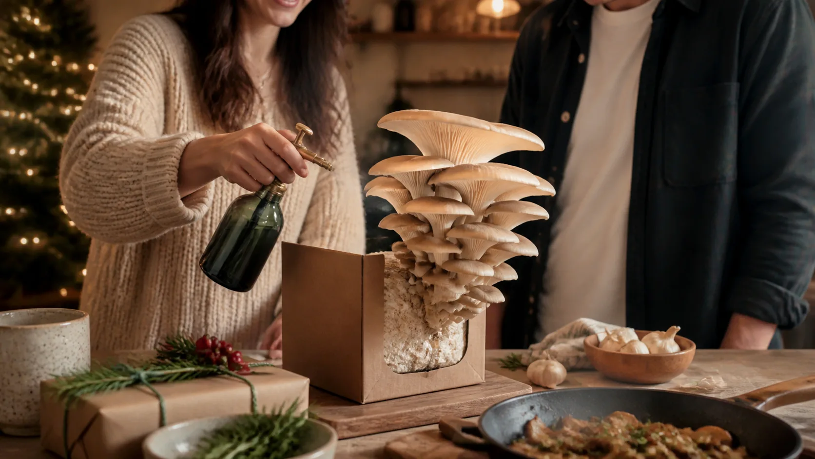 Representative tabletop grow kit box with clusters of oyster mushrooms emerging