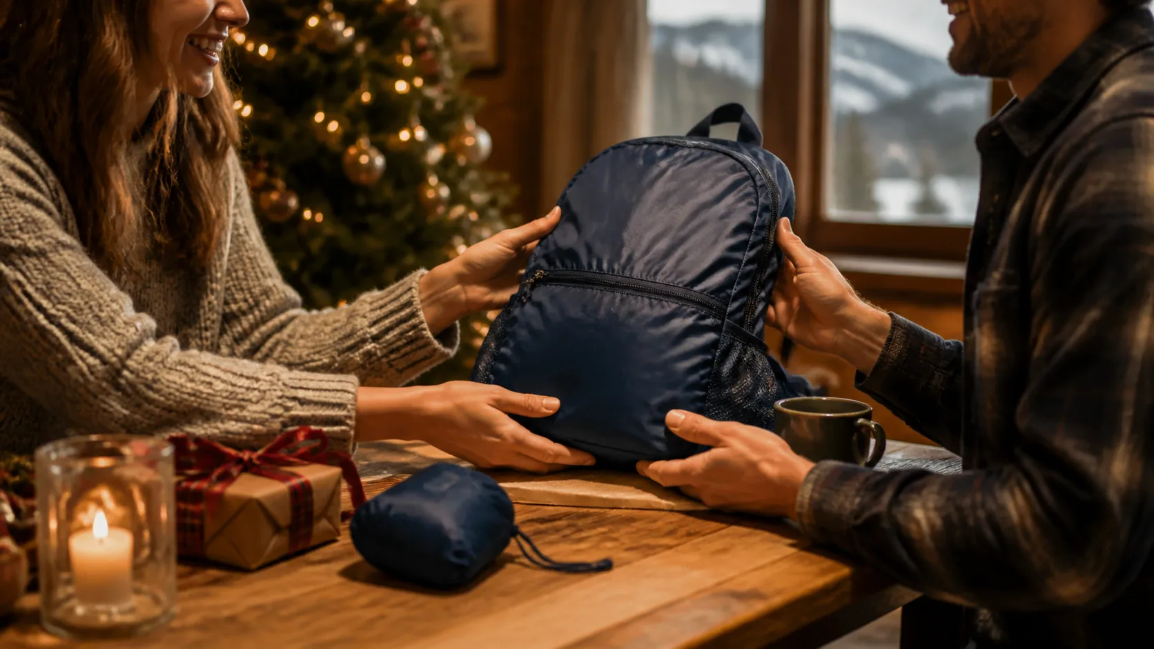 Representative lightweight daypack shown beside its stuffed-down pocket form